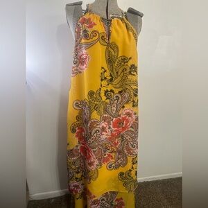 Mlle Gabrielle Yellow Floral Sleeveless Halter‎ Gold Necklace Dress Large